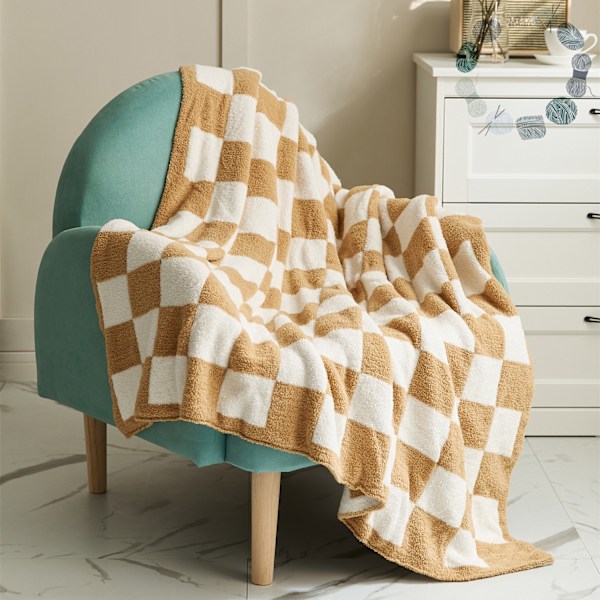 Retro skakbræt Ins stue fritid sort brun lur tæppe fire sæsoner halv uld strikket linje sofa tæppe_xrzi Wheat yellow 130 * 160CM