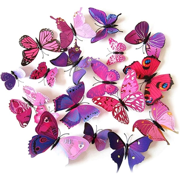 24 kpl 3D Purppura Butterfly Seinätarra Irrotettava Jääkaappi Magneetit Tarrat Sisustus lapsille Huoneen sisustus Koti