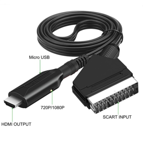 SCART til HDMI-kabel med en længde på 1 meter, direkte forbindelseskonverteringskabel, højopløsningskonverter, spillekonsoladapter