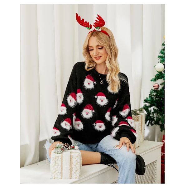 Julegenser for kvinner Søt Julenissen Trykt Casual Rundhals Lang Ermet Pullover Gensere Topper black L