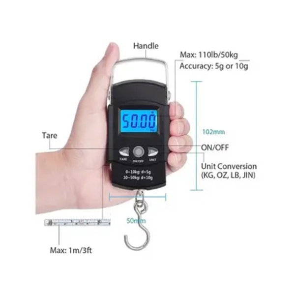 Fiskevåg 110lb/50kg Bakgrundsbelyst LCD-Skärm Bärbar Elektronisk Vågskala Digital Fiskekrok Hängande Vågskala med Mätband, D-formad Spänne