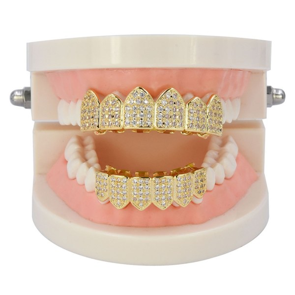Diamantgitter til dine tænder til mænd Kvinder Forgyldt Iced Out Macro Pave Cubic Zirconia Mundgrill med ekstra støbte stænger inkluderet