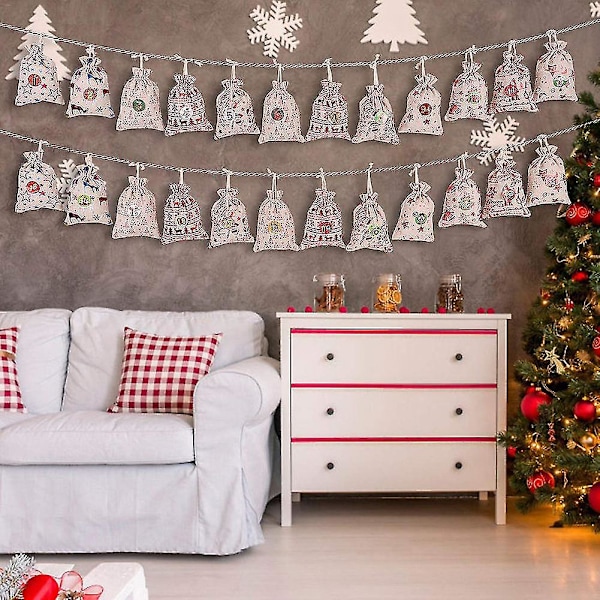1 Sæt Julegaveposer 24 Dages Nedtælling Adventskalender Klistermærke Hamptov og Klips DIY Ferie