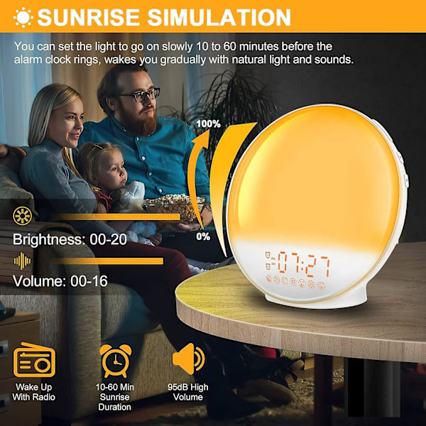 Børnevækkeur med Solopgang & Solnedgang Simulering, Lys Vækkeur Radio med 2 Alarmer, Snooze, 7 Naturlige Lyde, FM Radio, Atmosfærisk Lampe med 7