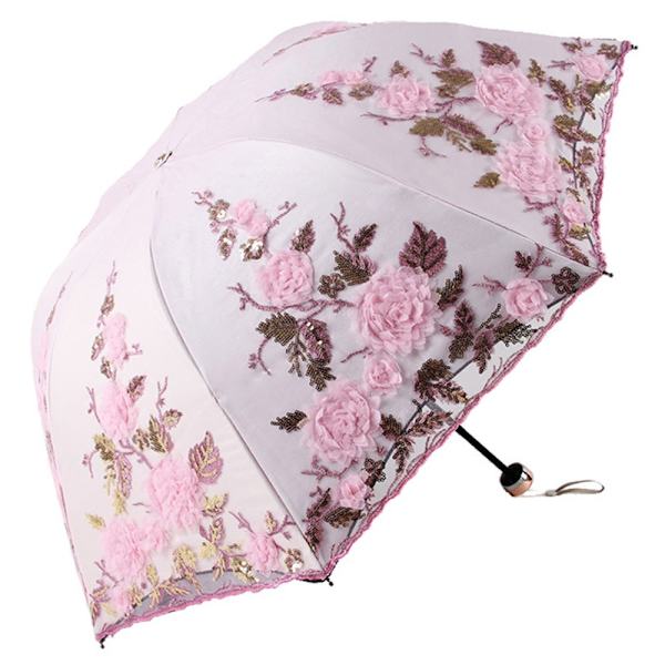 Vintage Lace UV Solparasoll Foldbar 3D Blomstbroderi Parasol Blonderet parasol til både solrige og regnfulde dage