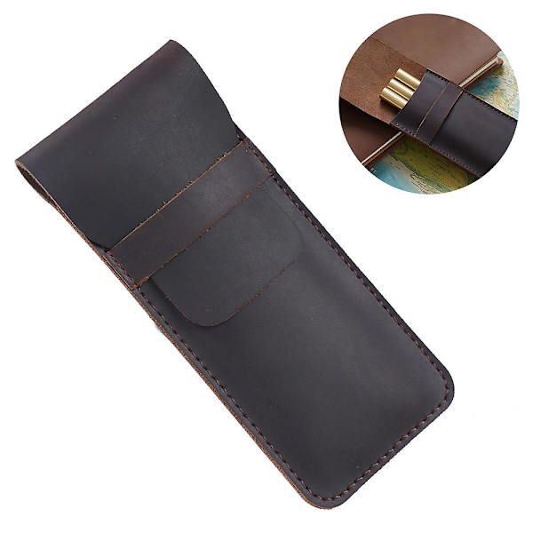 Ekte lær pennveskeholder for fountain pen, multipenner, beskyttende etui, retro klaffdeksel, flere pennsett, brun Brown