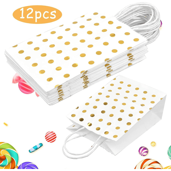 15 Stykker Kraftpose, 21 X 15 X 8 Cm Kraftpapir Gaveposer, Hvit Gavepose, Varmestempling Kraftpapirgaver Med Runde Gullprikker, Blankt Papir Gavepose F