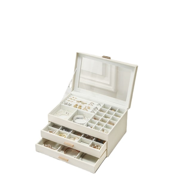 Smyckeskrin med glaslock, 3-lagers organizer, 2 lådor, massor av förvaringsutrymme, modern, presentidé, 7 x 10,4 x 5,3 tum,