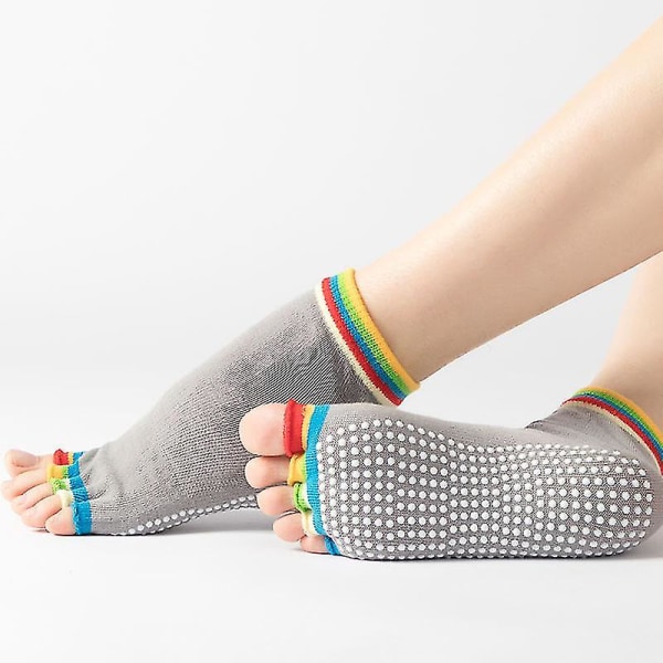 5 Finger Dame Farverige Komfortable Yoga Pilates Bomulds Tå Grip Sokker Med Skridsikker Hjemme Gym Yoga Sokker Halv finger Grå Half finger Grey