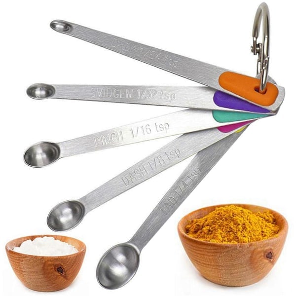 5 stk/sett Mini Måleskje Fargerik Silikon Rustfritt Stål Langt Håndtak Matkvalitet Nøyaktig Måleskje Kjøkkenredskaper Silver_RY
