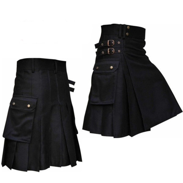 Mænds nye sommerskotske nederdel Lomme Plaid Kontrastsyning Plisseret nederdel Mænds ShortMBlack Black M