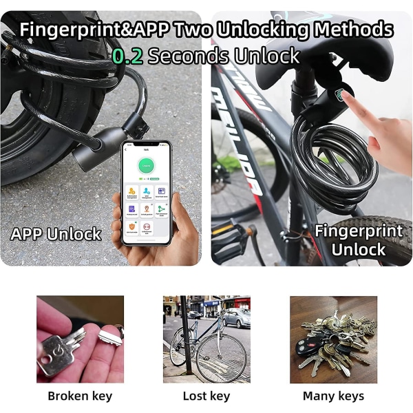 Cykelfingeravtryckslås, bärbar vattentät kabel med cykellåshållare, smart lås med 20 fingeravtryck, 12 mm ståltrådsskydd (svart)