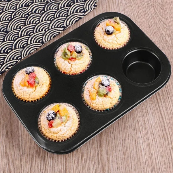 Bonus Metal 6-kops Muffin med, Non-Stick Belagt Muffinform Sæt, Mikrobølgeovnsikker - Sort