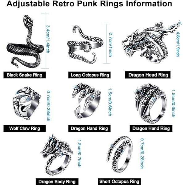 8 Vintage Punk Ringe - Drager, Slanger, Blæksprutter - Retro Åbne Justerbare Ringe Sæt Punk Stil