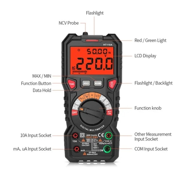 Digital Multimeter TRMS 6000 Tællinger Voltmeter Auto-Ranging Hurtig Præcis Måling af Spænding Strøm Amp Modstand Dioder Kontinuitet