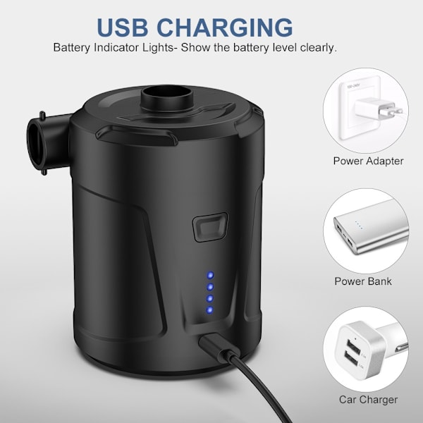 Bærbar Luftpumpe, USB Genopladelig Hurtig-Fyldning Inflator Deflator Luftmadrasser Padlebåde Luftmadrasser Oppustelige