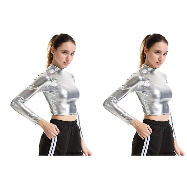 3 stk Sølv Sexy Ensfarget Bustier Lakklær Ytelse Kostyme Lang Erme Klær For Cosp 2pcs S