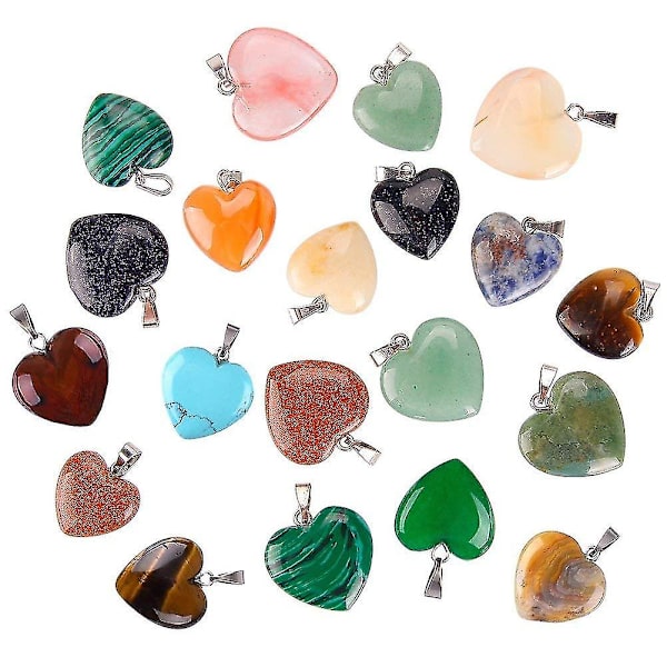 20 stk. hjerteformede stenvedhæng charms krystal chakra perler til gør-det-selv halskæde smykkefremstilling, 2 størrelser, assorteret farve