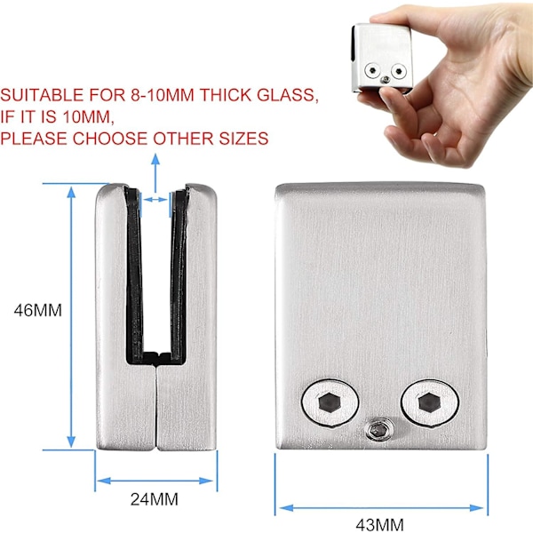 4-pack 304 Rostfritt Stål Glasklämmor med 2 Hex-nycklar Passar för 8-10mm Fönsterglas Justerbar Plan Glashållare Trappräcke Polerad