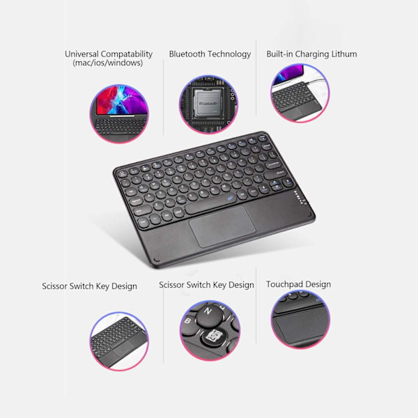 Bluetooth-tangentbord med styrplatta för iPad Pro, trådlöst tangentbord med styrplatta för iPad iOS-surfplatta, smartphone, bärbara datorer, Mac, tunt trådlöst tangentbord, runt