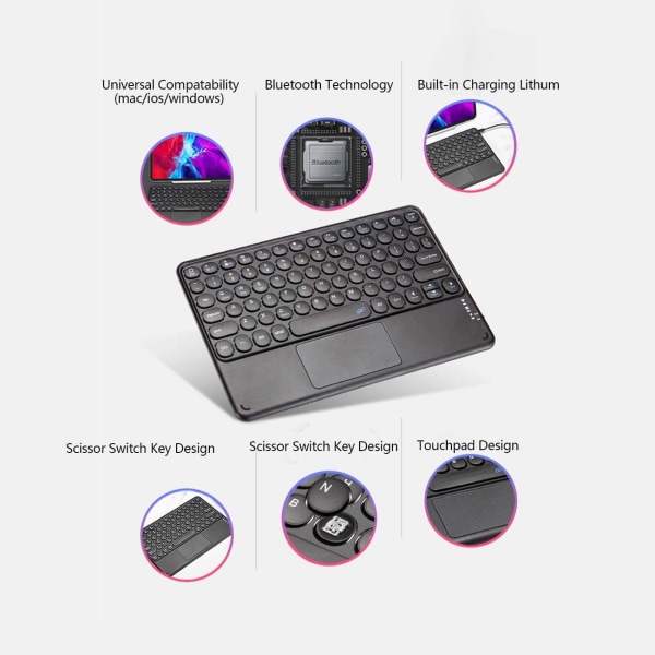 Touchpad Bluetooth-tastatur for ipad Pro Trackpad Trådløst Bluetooth-tastatur for iPad iOS Nettbrett Smartphone Bærbare datamaskiner Mac, slankt trådløst tastatur rundt