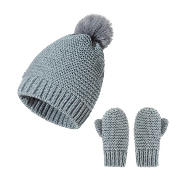 Toddler Baby Hatt & Vantar Set Vinter Varm Stickad Hatt Pom Pom Beanie för Pojkar Flickor 1 Hatt + 1 Par Vantar (Grå)