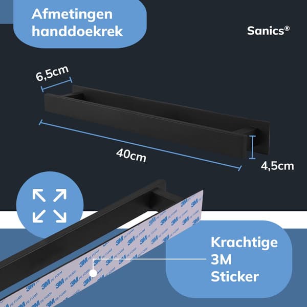 Sanics Selvklæbende Håndklædestang 40cm Rustfrit Stål Borefri Håndklædeholder til Badeværelse Køkken Vægmonteret Sort Håndklædeholder