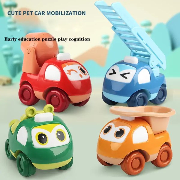 Tidlig uddannelse 1-årige babylegetøj Push and Go-biler Legetøj til drenge og piger 1 2 3 4 5 6 år, friktionsdrevet legetøjssæt (4 stk. Press and Go-legetøj)