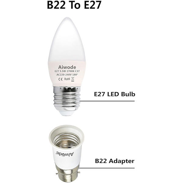 B22 till E27 Sockelomvandlare, Sockeladapter för LED-lampor och halogenlampor, Max Effekt 200W, 0~250V, 120 Grader Värmebeständig, 5-pack.