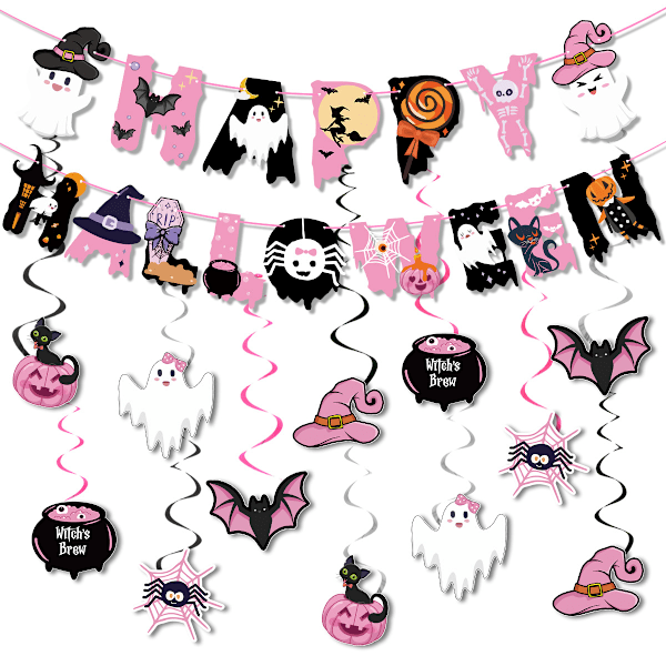 3-pakks Halloween-festpynt inkluderer Happy Halloween-banner, rosa kakeinnsats og søte spøkelses- og flaggermus-takpynt