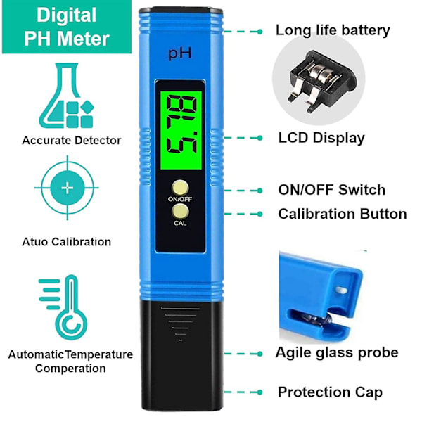 PH-mätare Digital, Professionell PH-penna med 0,01 PH Hög Noggrannhet, 0-14 PH Mätintervall, Ideal Vatten PH-mätare för Hushållsdrickvatten, P