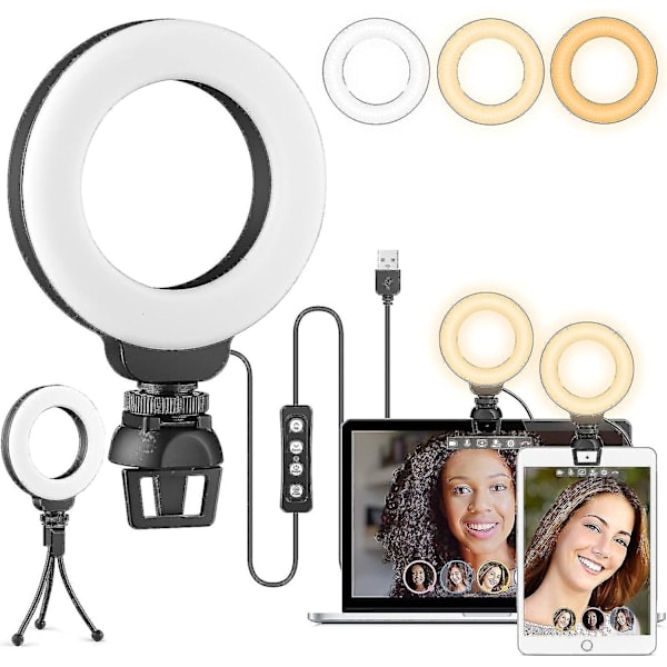 Ringlampe Laptopstativ - Konferansebelysningssett med 3 Lysmoduser Dimbar LED Ringlampe for Møter Sminke Selfie Video Fotografering Streaming_RY
