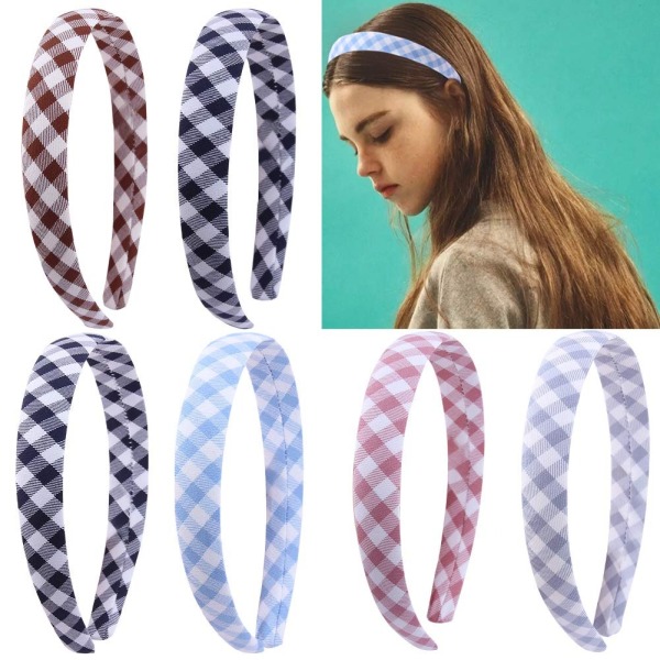 6 st 0,8 tums rutigt pannband för kvinnor printed randiga hårband för flickor Tygband hårt huvudstycke Satinlindat hårband