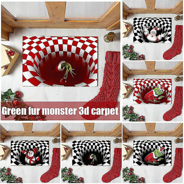 Jule 3D Illusionsdørmatte Antislipp Gulvmatte Sengside Tepper For Soverom Stue Barn 80X120cm Svart Stjålet Grinch Black Stolen Grinch 80X120cm