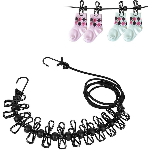 2 Pcs Portable Clothesline, Adjustable Portable Travel, Elastic Retractable Clothes Rope With 12 Clips, Black Positioning Buckles