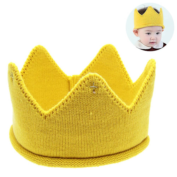 Strikket babyhårbånd med krone for jenter og gutter - Fotorekvisitter til barnebursdag - Gul Yellow