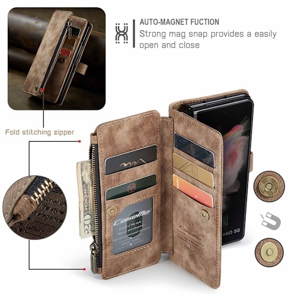 For Samsung Galaxy Z Fold 3 Deksel, Nyeste Retro Lommebokdeksel med Kortspor, Multifunksjonelt Deksel med Magnetisk Stativ Rem Glidelås{HH}_RY
