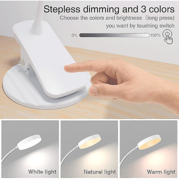 Sengeklemmelampe, 32 LED, 360 Fleksibel Leselampe, Bokklemme, 3 Farger Og Trinnløs Dimming, Sengelampe Med Berøringskontroll, USB Oppladbart Batteri, L