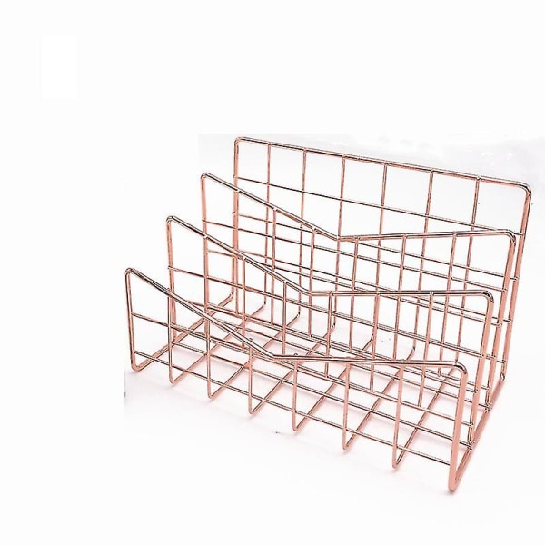 Metall tidskriftsställ skrivbordsfilhållare, 3-fack järntrådshylla (roséguld)