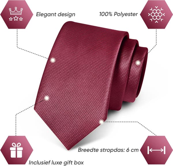 Vinröd slips för män 100% polyester klassisk enfärgad slips med lyxig presentförpackning för affärer bröllop och formella tillfällen 148 x 6 cm