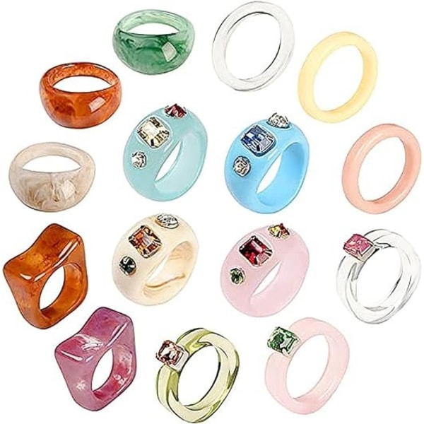 15 st Resin Retro Akryl Färgglada Chunky Ringar Söta Trendiga Färgglada Rhinestone Y2k Smycken Plast Resin Kvadratisk Gem Stackable Chunky Ringar