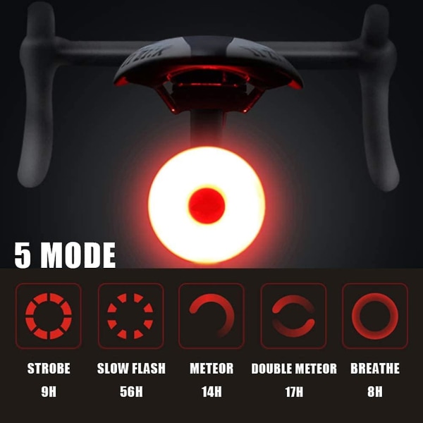 Sykkel Baklys, USB Oppladbar LED Vanntett Advarsel 5 Moduser Baklys