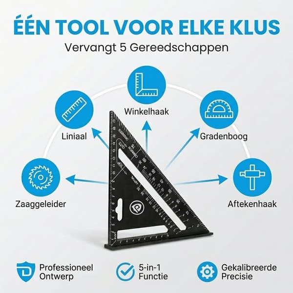 Speed Square 5 i 1 Aluminium Tømrer Vinkelmåler Trekant Lineal med Savguide til Træbearbejdning Markering Indramning, Sort