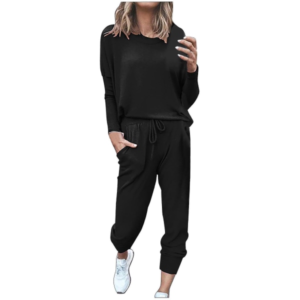 Dame Løstsittende Todelt Sett Solid Langærmet Topp Vest Casual Bukser SweatsuitMBlack Black M