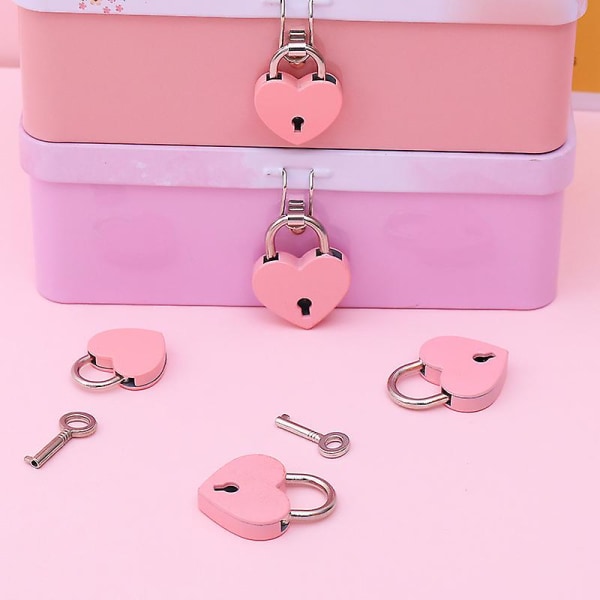 Hængelås, metal hjerteformet lås med nøgle, metallås til bagagedagbog smykkeskrin (2 stk, pink)