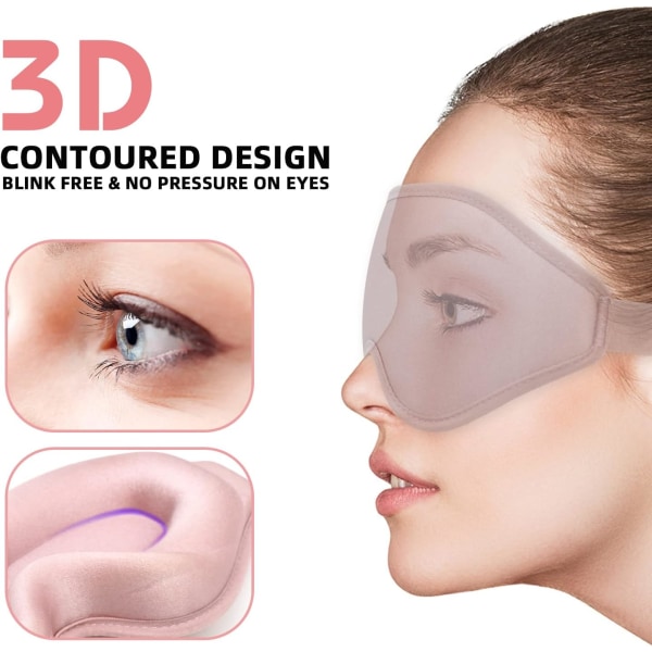 3D Contoured Sleep Mask til Kvinder Mænd, Effektiv Lysblokerende Øjenmaske Soveblødt Nat Blindfold med Justerbar Strap (Pink)