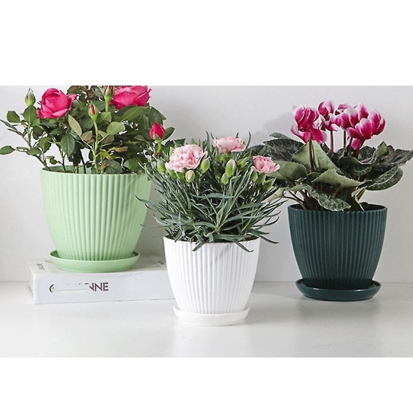 Plantepotte i plast, kompatible med planter, 5-pak 6 tommer blomsterpotter med drænhuller og underkopper, kompatible med indb.