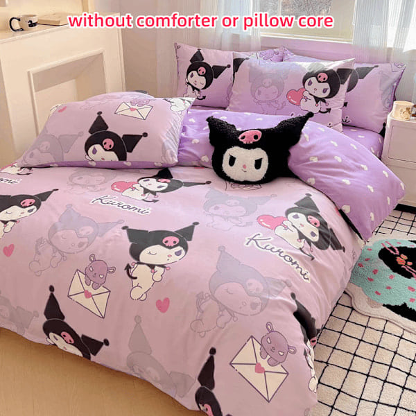 Sanrio Kuromi 4-delars sängset - Mjukt & Slitstarkt, Inkluderar Täcke, Lakan och 2 Kuddfodral - Sött Tecknat Tryck för Mysigt Sovrum_ryy