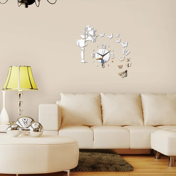 Självhäftande väggklocka, DIY väggklocka dekal, innovativa 3D-väggdekaler, heminredning (Silver)