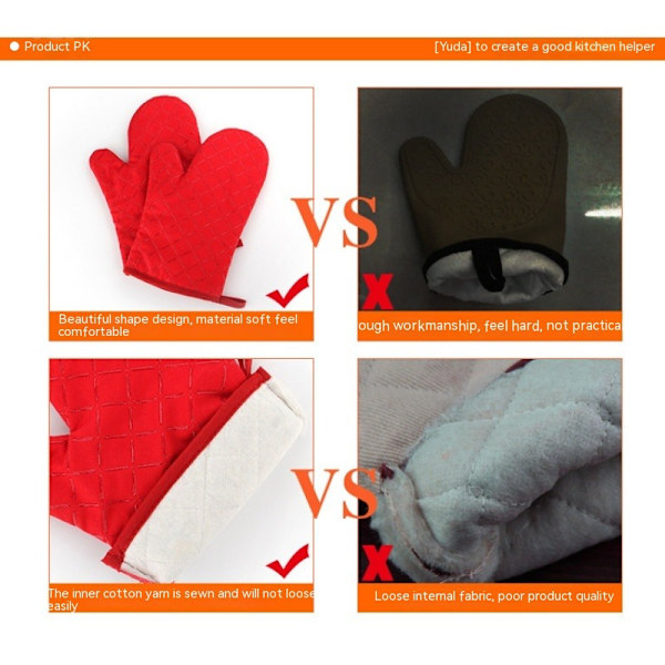 Flamsäkra Köks- och Grillhandskar, Tjocka Värmeisolerande Quiltade Handskar, Ugnssäkra och Värmeisolerande, Röda, 2-pack